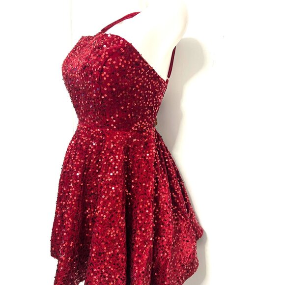 Red Sequin Mini Dress Graduation Party Dress Size 12 w pockets spaghetti straps - Picture 4 of 11